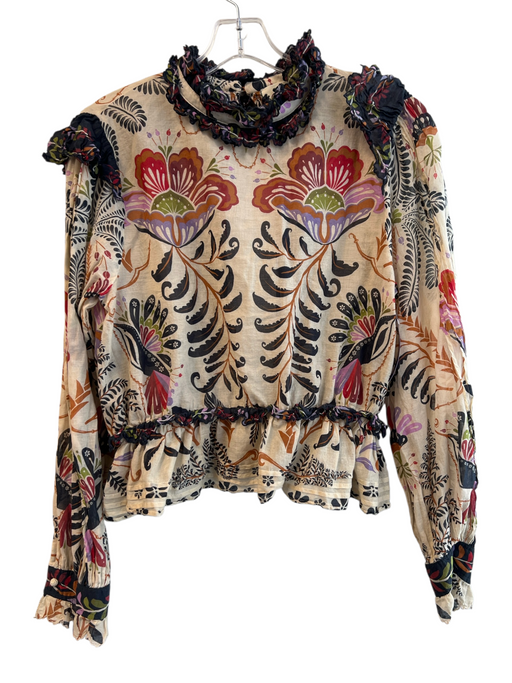 Farm Rio Size Large Cream & Multi Cotton Long Sleeve Paisley Round Neck Top Cream & Multi / Large