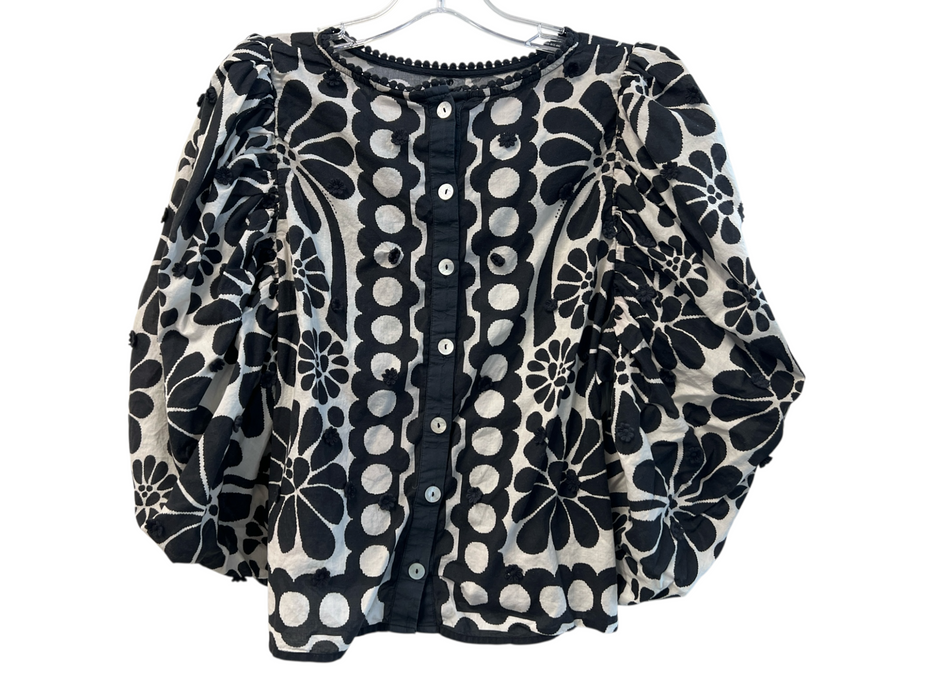 Farm Size Large Black & White Cotton Abstract Print Back Button Top Black & White / Large