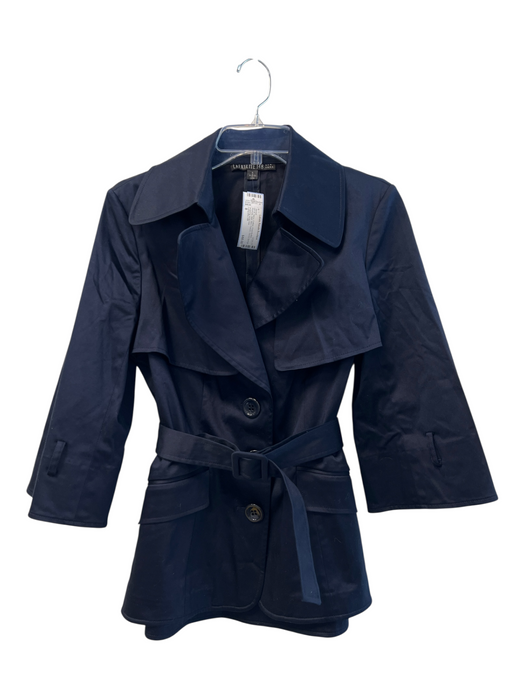 Lafayette 148 Size 8 Navy Cotton Front Button Pockets Belt Mini Trench Jacket Navy / 8