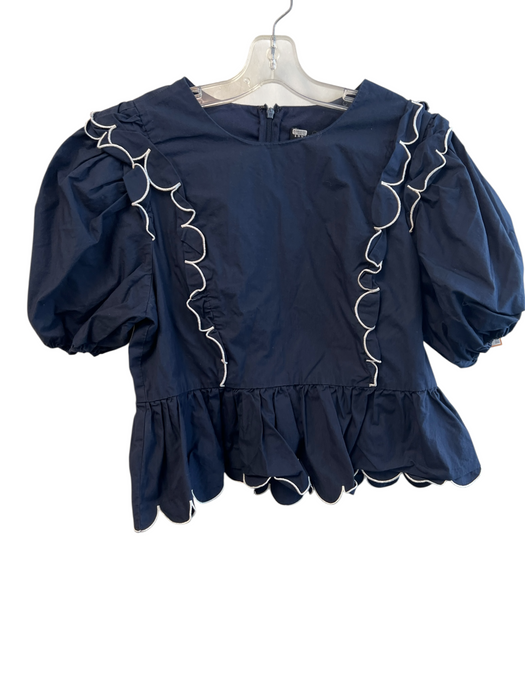 English Factory Size XL Navy Polyester Blend Short Puff Sleeve Ruffle Detail Top Navy / XL