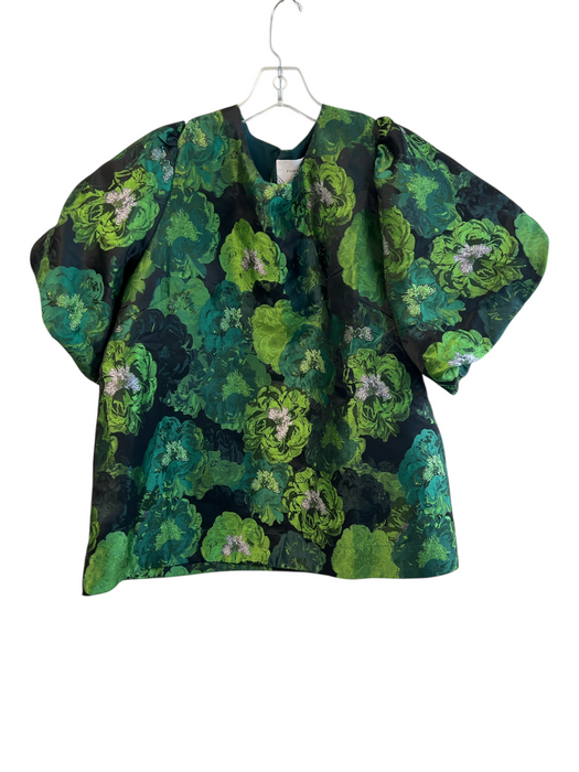 Pomander Place Size L Green Polyester Floral Short Puff Sleeve Back Zip Top Green / L