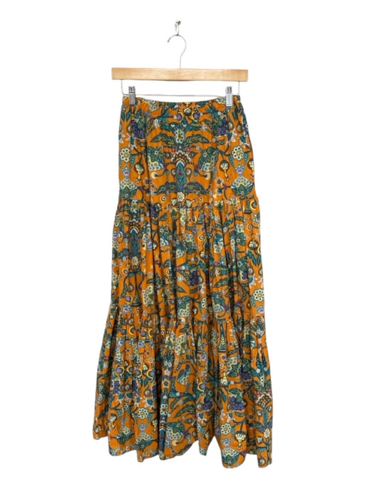 Double J Size M Teal & Yellow Cotton Elastic Waist Botanical Maxi Skirt Teal & Yellow / M