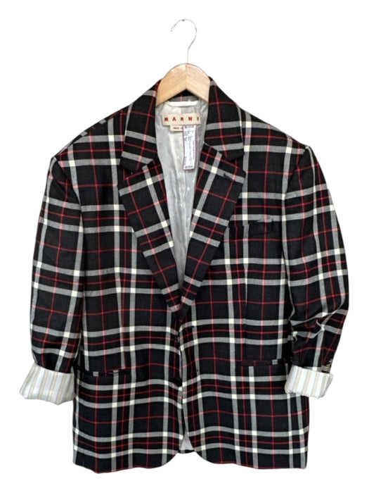 Marni Size 44 Black & Red Wool 2 Buttons Plaid Jacket Black & Red / 44