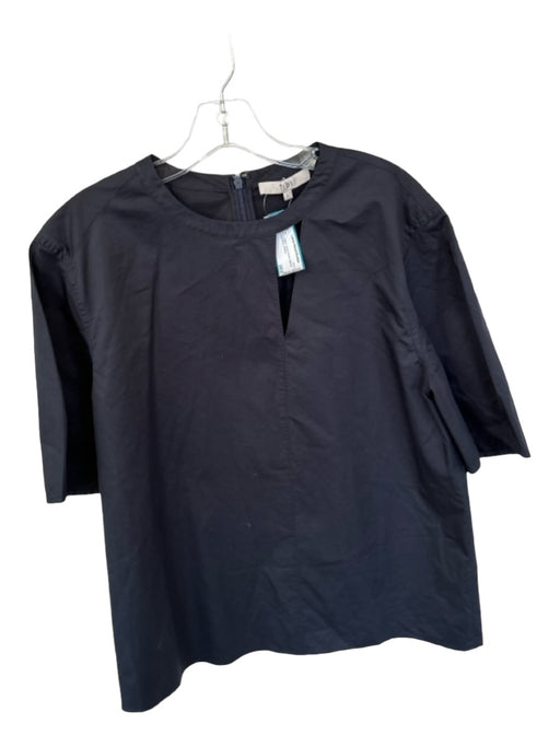 Tibi Size L Navy Cotton Short Sleeve Back Zip keyhole front Top Navy / L