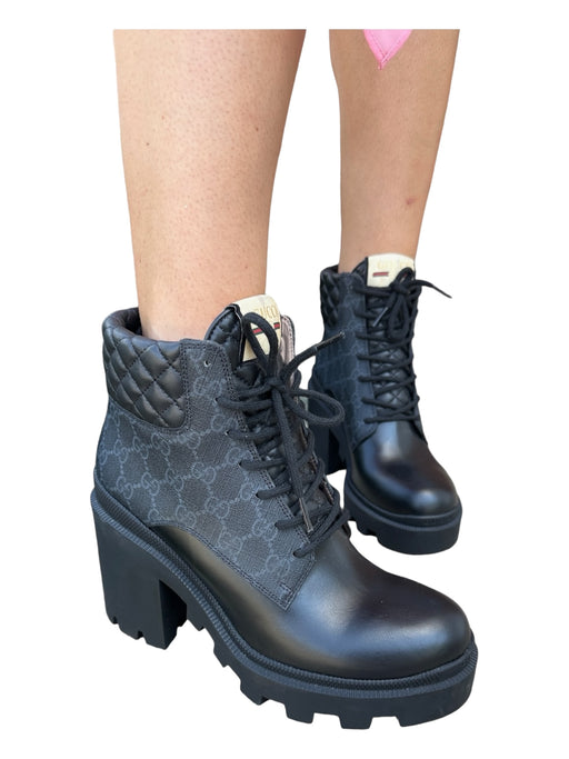 Gucci Shoe Size 39 Black & Navy Coated Canvas Guccisima Platform Combat Boots Black & Navy / 39