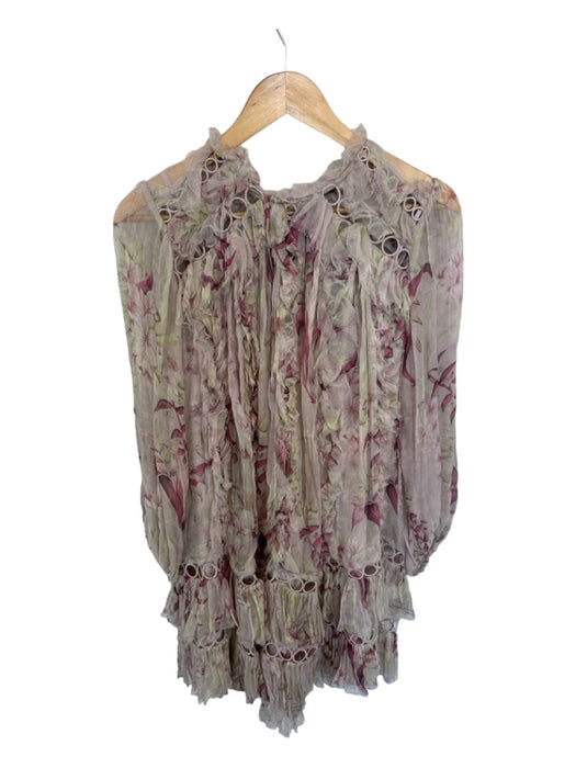 Zimmerman Size 2/M Purple & Cream Silk Long Sleeve Botanical Ruffles Dress Purple & Cream / 2/M