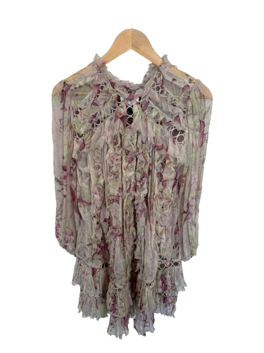 Zimmerman Size 2/M Purple & Cream Silk Long Sleeve Botanical Ruffles Dress Purple & Cream / 2/M