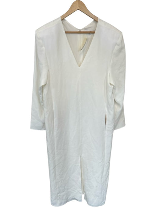 Tibi Size 10 White Triacetate Long Sleeve Shoulder Pads V Neck Slits Dress White / 10