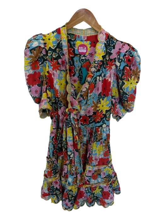 Celia B Size M Multi Viscose Blend Short Balloon Sleeve Botanical Wrap Dress Multi / M