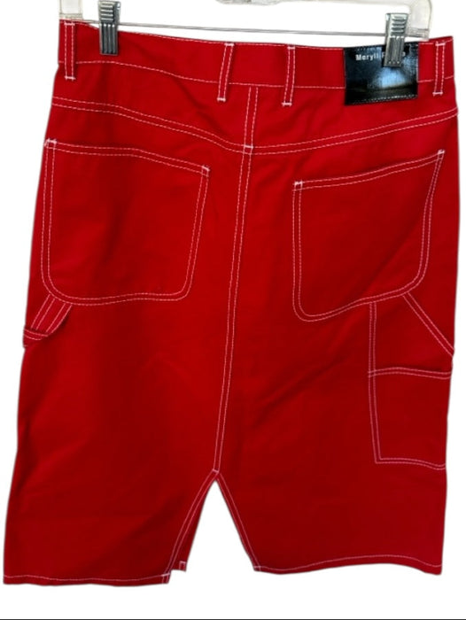 Meryl Rogge Size 40 Red & White Cotton Stitching Slit Front Pockets Midi Skirt Red & White / 40