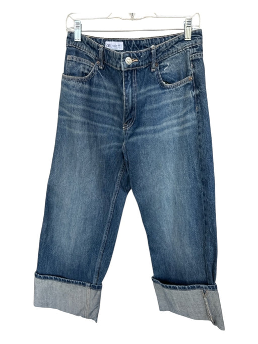 Zara Size 8 Med Dark Wash Cotton Blend Mid Rise Wide Leg Cuffed Cropped Jeans Med Dark Wash / 8
