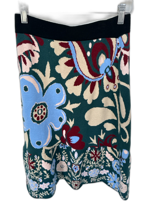 La Double J Size L Teal & Rust Print Viscose Elastic Waist Botanical Midi Skirt Teal & Rust Print / L