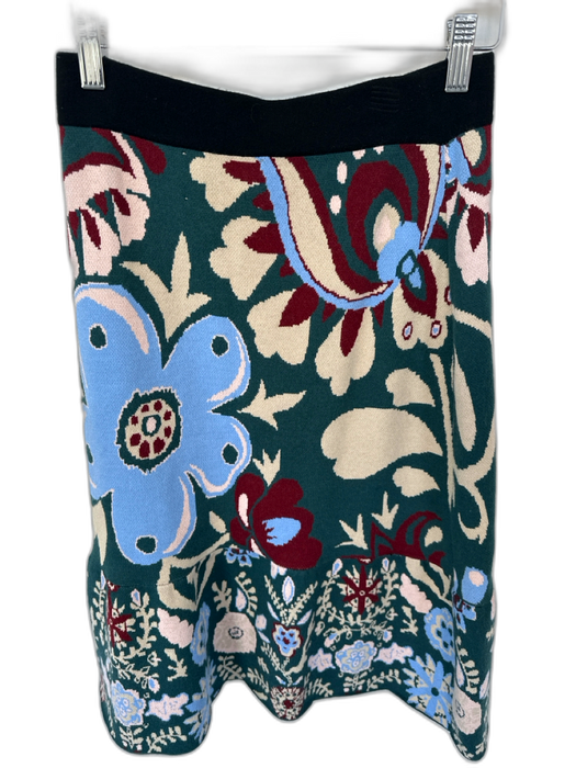 La Double J Size L Teal & Rust Print Viscose Elastic Waist Botanical Midi Skirt Teal & Rust Print / L