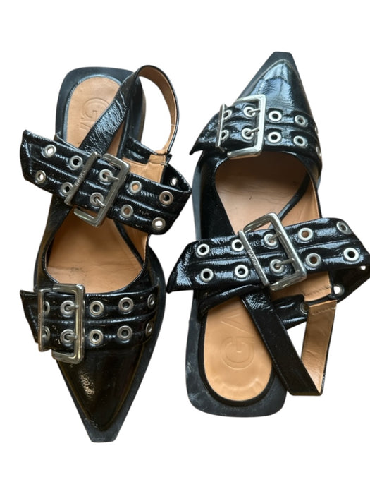 Ganni Shoe Size 39 Black & Silver Patent Leather Buckles Pointed Toe Flats Black & Silver / 39