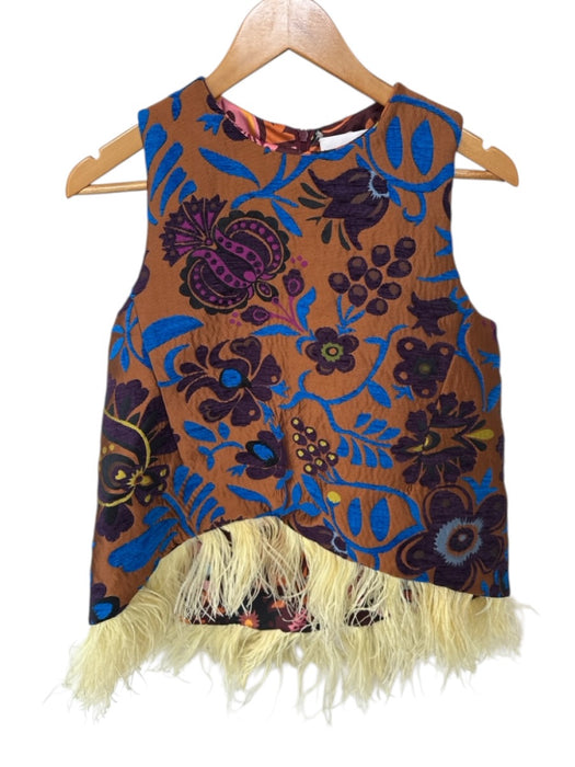 La Double J Size M Rust & Blue Acrylic Blend jaquard Floral Sleeveless Top Rust & Blue / M