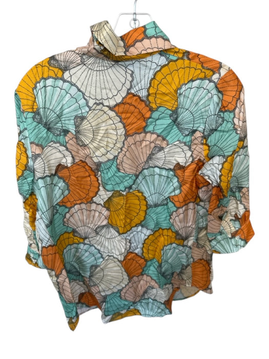 La Prestic Ouiston Size 2 Orange & Green Silk Scallop Print Long Sleeve Top Orange & Green / 2
