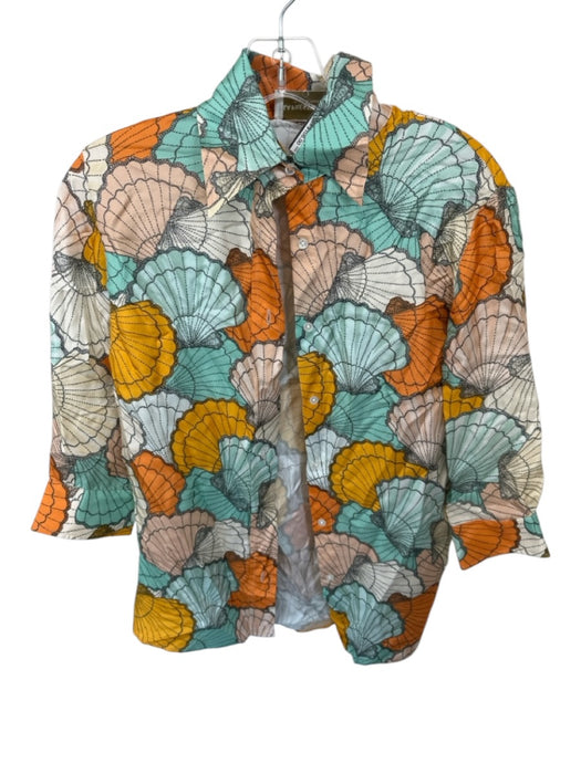 La Prestic Ouiston Size 2 Orange & Green Silk Scallop Print Long Sleeve Top Orange & Green / 2