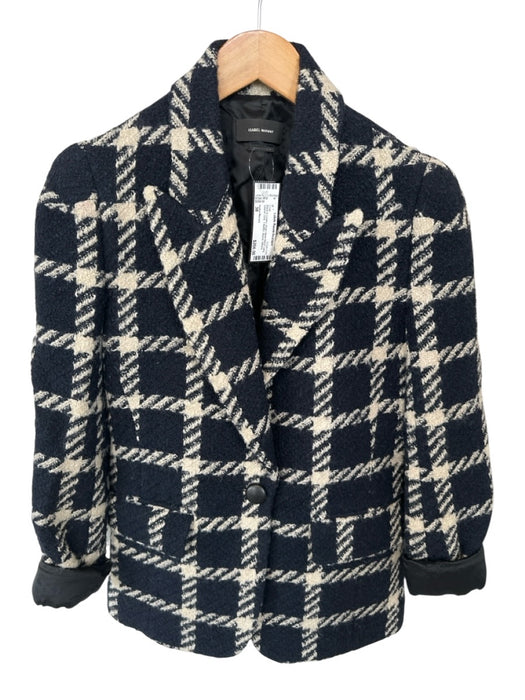 Isabel Marant Size 38 Black & Cream Virgin Wool Blend Long Sleeve Grid Coat Black & Cream / 38