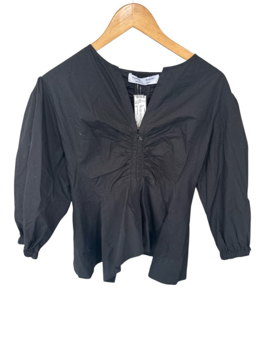 Proenza Schouler Size 8 Black Cotton Long Sleeve Gathered Front Peplum Top Black / 8