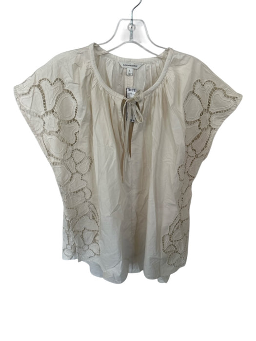 Banana Republic Size S Cream Cotton Cap Sleeve Lace & Beaded V Neck Top Cream / S