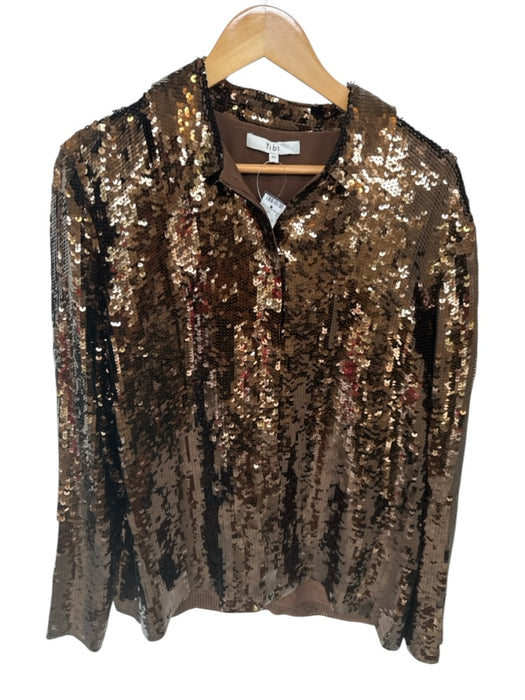 Tibi Size 10 Brown Sequins Long Sleeve Collar Button Down Long Top Brown / 10