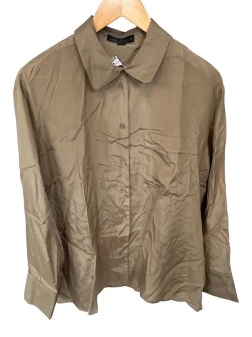 Zara Size L Taupe Silk Long Sleeve Button Down Oversize Top Taupe / L