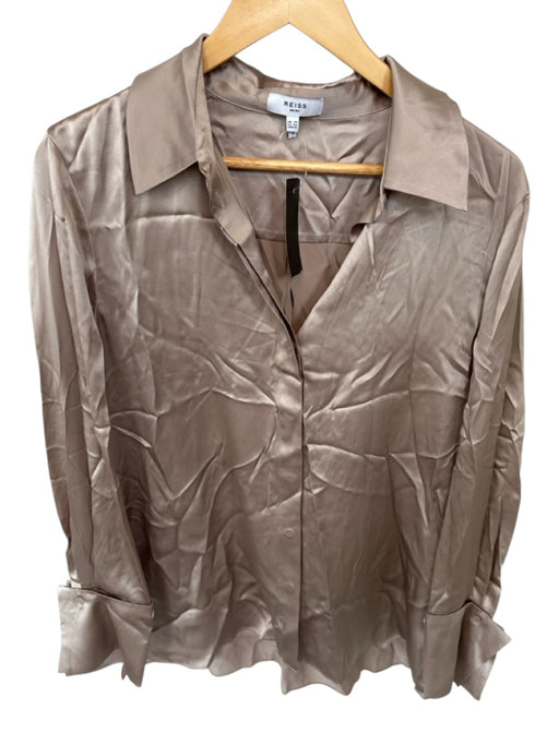 Reiss Size 10 Taupe Silk Long Sleeve Button Down Oversize Top Taupe / 10