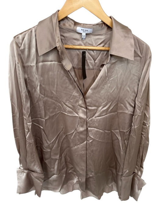 Reiss Size 10 Taupe Silk Long Sleeve Button Down Oversize Top Taupe / 10
