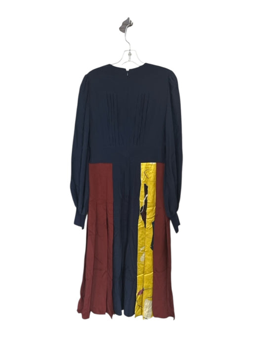 Roksanda Size 10 Navy & Yellow Silk Long Balloon Sleeve Abstract Pleated Dress Navy & Yellow / 10