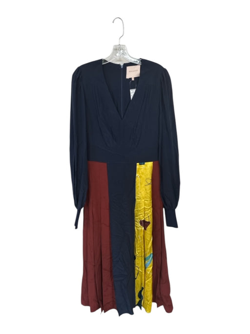 Roksanda Size 10 Navy & Yellow Silk Long Balloon Sleeve Abstract Pleated Dress Navy & Yellow / 10