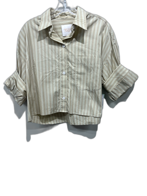 TWP Size XS/S Yellow Beige Cotton Striped Short Sleeve Button Up Crop Top Yellow Beige / XS/S