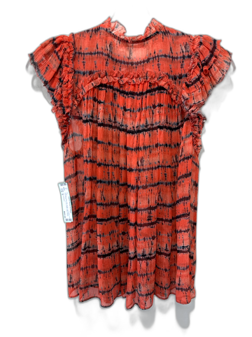 Ulla Johnson Size 0 Orange & Blue Silk Ruffle Cap Sleeve Tie V Neck Top Orange & Blue / 0