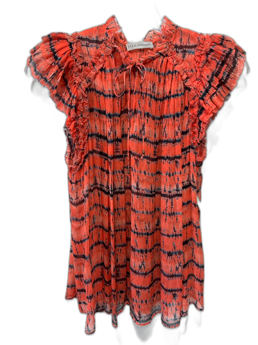 Ulla Johnson Size 0 Orange & Blue Silk Ruffle Cap Sleeve Tie V Neck Top Orange & Blue / 0
