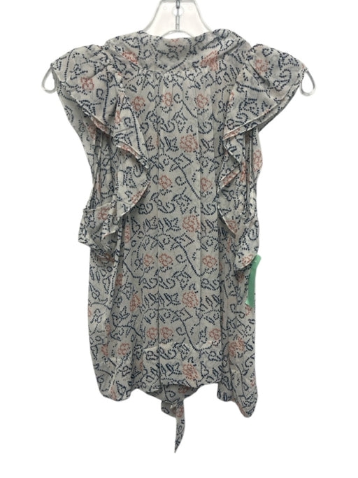 Ulla Johnson Size 0 White, Blue & Orange Silk Ruffle Cap Sleeve Tie Back Top White, Blue & Orange / 0