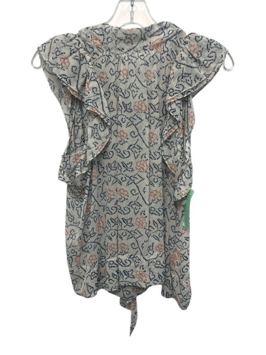 Ulla Johnson Size 0 White, Blue & Orange Silk Ruffle Cap Sleeve Tie Back Top White, Blue & Orange / 0
