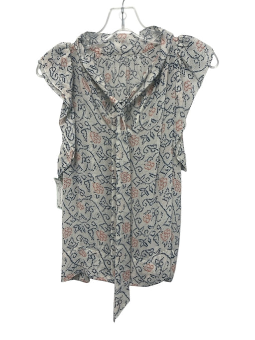 Ulla Johnson Size 0 White, Blue & Orange Silk Ruffle Cap Sleeve Tie Back Top White, Blue & Orange / 0