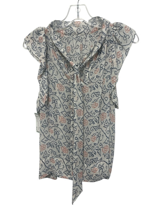 Ulla Johnson Size 0 White, Blue & Orange Silk Ruffle Cap Sleeve Tie Back Top White, Blue & Orange / 0