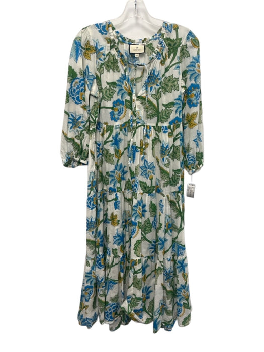 Tuckernuck Size XS Blue, Green & White 3/4 Balloon Sleeve Floral V Neck Dress Blue, Green & White / XS