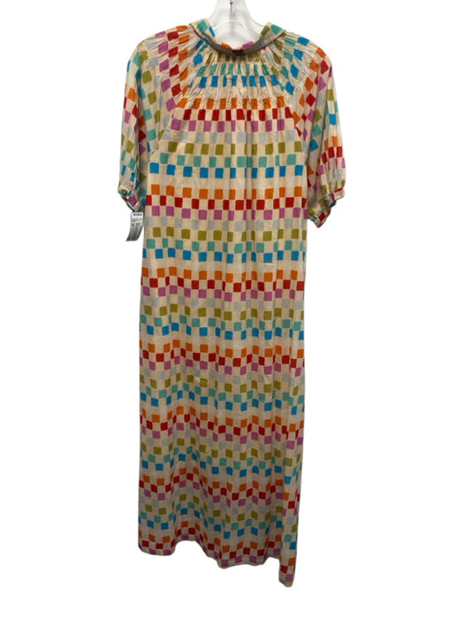 Sunshine Tienda Size XS Beige & Multi Cotton Half Balloon Sleeve Squares Dress Beige & Multi / XS