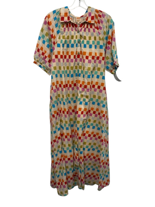Sunshine Tienda Size XS Beige & Multi Cotton Half Balloon Sleeve Squares Dress Beige & Multi / XS