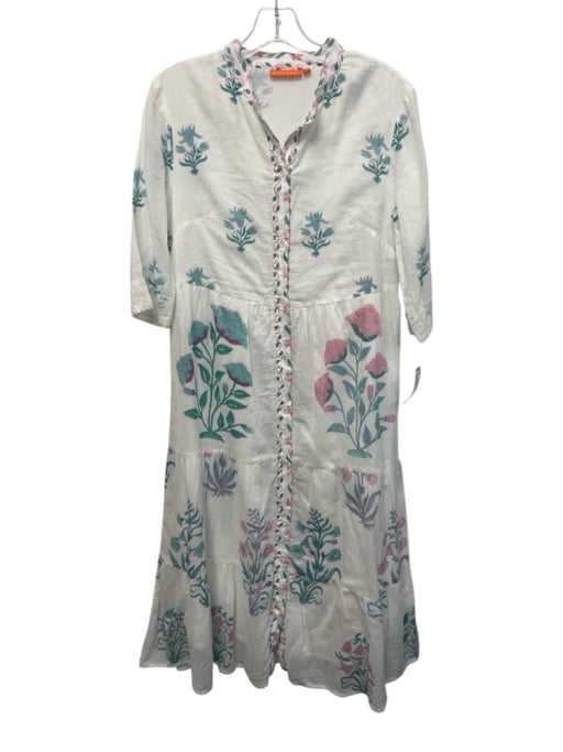 Oliphant Size XS White, Green, Pink 3/4 Sleeve Floral Button Up Midi Dress White, Green, Pink / XS