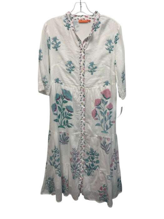 Oliphant Size XS White, Green, Pink 3/4 Sleeve Floral Button Up Midi Dress White, Green, Pink / XS