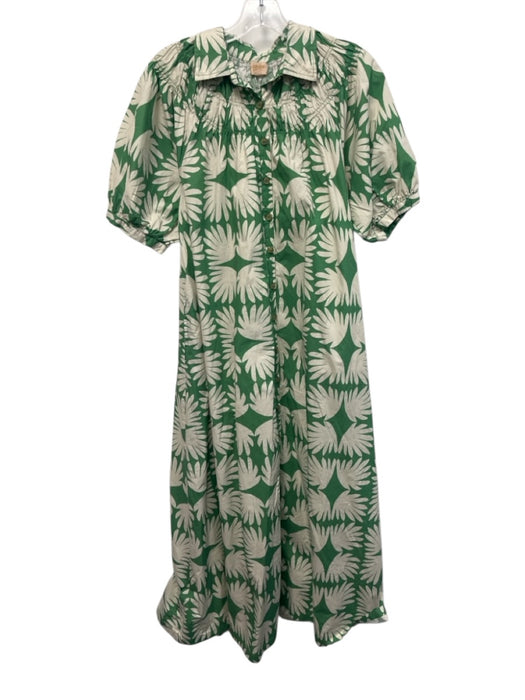 Sunshine Tienda Size XS Green & White Cotton 1/2 Sleeve Palm Frond Print Dress Green & White / XS