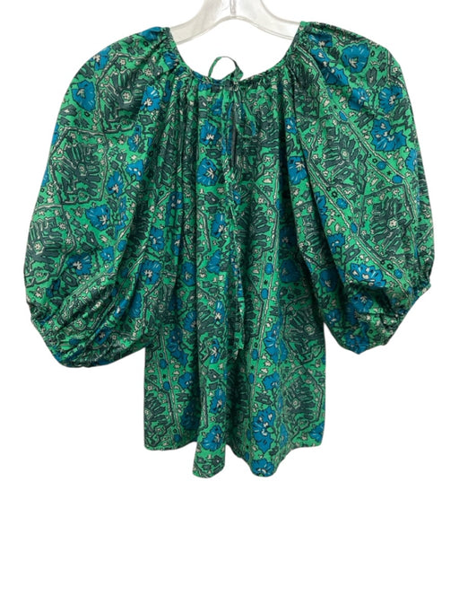 Rhode Size XS Blue & Green Cotton Abstract Tie Back Puff Sleeve Top Blue & Green / XS