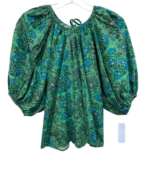Rhode Size XS Blue & Green Cotton Abstract Tie Back Puff Sleeve Top Blue & Green / XS