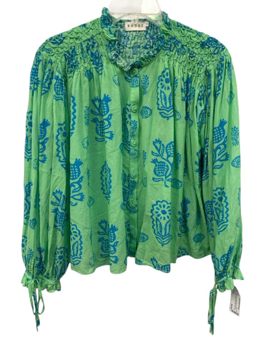 Rhode Size XS Green & Blue Viscose Blend shirred yoke Abstract Floral Top Green & Blue / XS