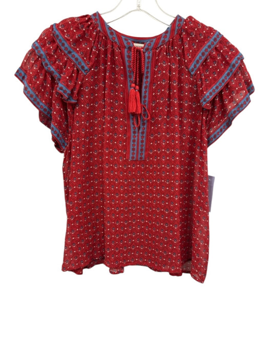 Ulla Johnson Size 0 Red, Blue, White Silk Geometric Tassel Tie Detail Top Red, Blue, White / 0