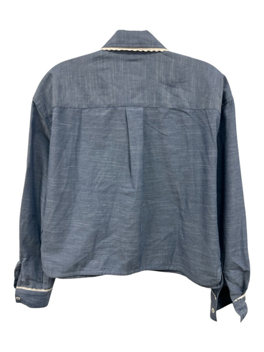Tuckernuck Size XS Blue & White Cotton Crochet Lace scallop trim Long Sleeve Top Blue & White / XS