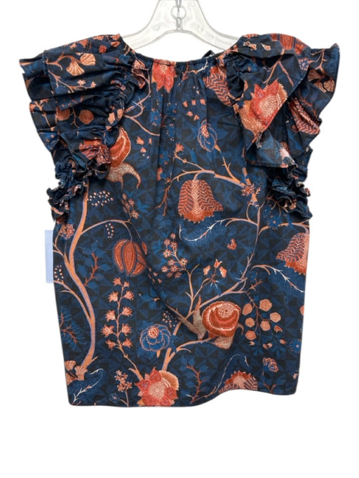 Ulla Johnson Size 0 Navy Blue & Red Cotton Botanical Tie Neck Top Navy Blue & Red / 0
