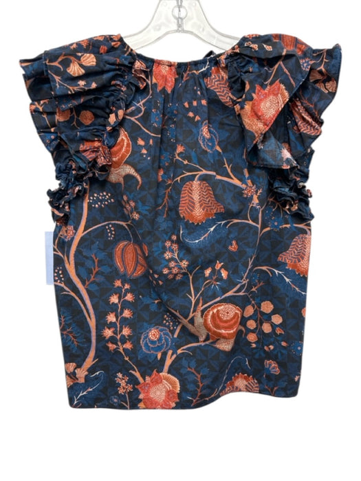 Ulla Johnson Size 0 Navy Blue & Red Cotton Botanical Tie Neck Top Navy Blue & Red / 0